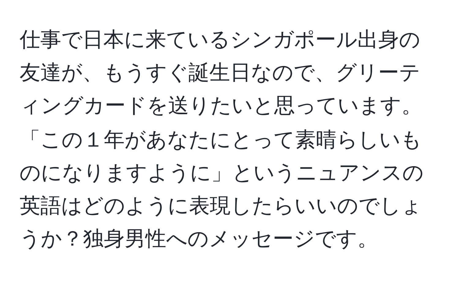 仕事で日本に来ているシンガポール出身の友達が、もうすぐ誕生日なので、グリーティングカードを送りたいと思っています。「この１年があなたにとって素晴らしいものになりますように」というニュアンスの英語はどのように表現したらいいのでしょうか？独身男性へのメッセージです。