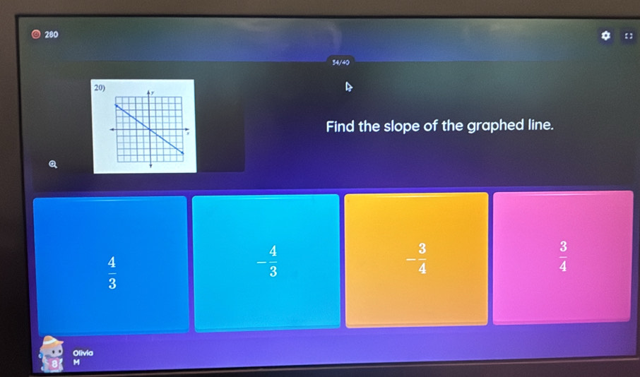 280
34/40
20
Find the slope of the graphed line.
 4/3 
- 4/3 
- 3/4 
 3/4 
Olivia
M