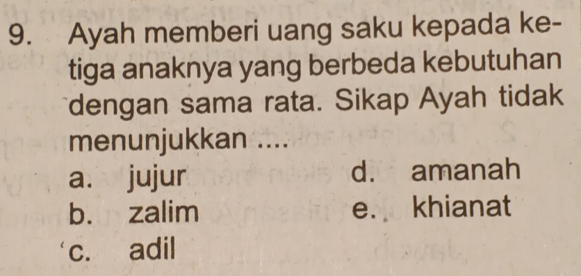 Ayah memberi uang saku kepada ke-
tiga anaknya yang berbeda kebutuhan
dengan sama rata. Sikap Ayah tidak
menunjukkan ....
a. jujur d. amanah
b. zalim e. khianat
c. adil