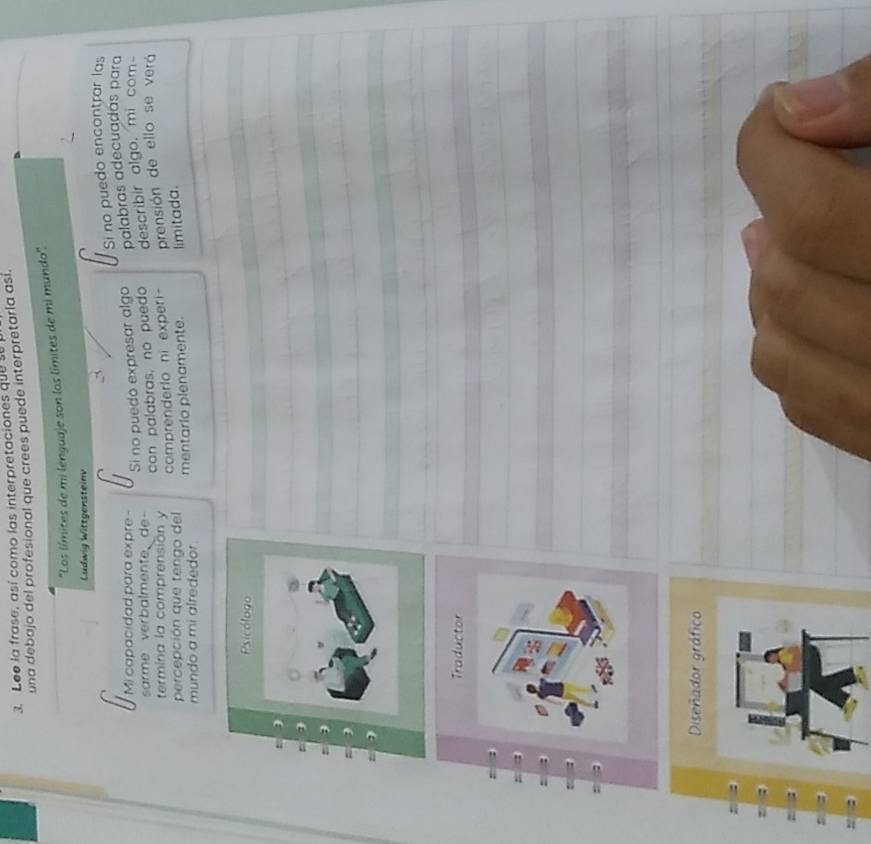 Lee la frase, así como las interpretaciones que se 
una debajo del profesional que crees puede interpretarla así. 
'Los límites de mi lenguaje son los límites de mi mundo", 
Ludwig Wittgensteinv 
Si no puedo encontrar las 
Mi capacidad para expre - 
Si no puedo expresar algo palabras adecuadas para 
sarme verbalmente de- con palabras, no puedo describir algo, mi com 
termina la comprensión y 
percepción que tengo del comprenderlo ni experi prensión de ello se verá 
mundo a mi alrededor mentario plenamente. limitada. 
Traductor 
Diseñador gráfico 
: