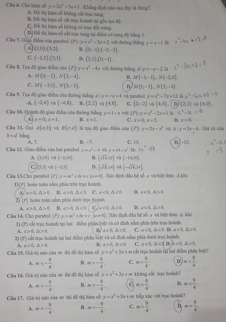 Solved: Cho hàm số y=2x^2-3x+1. Khẳng định nào sau đây là đúng?. A. Đồ ...