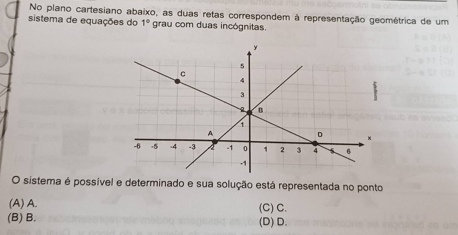 No plano cartesiano abaixo, as duas retas correspondem à representação geométrica de um
sistema de equações do 1° grau com duas incógnitas.
O sistema é possível e determinado e sua solução está representada no ponto
(A) A. (C) C.
(B) B. (D) D.