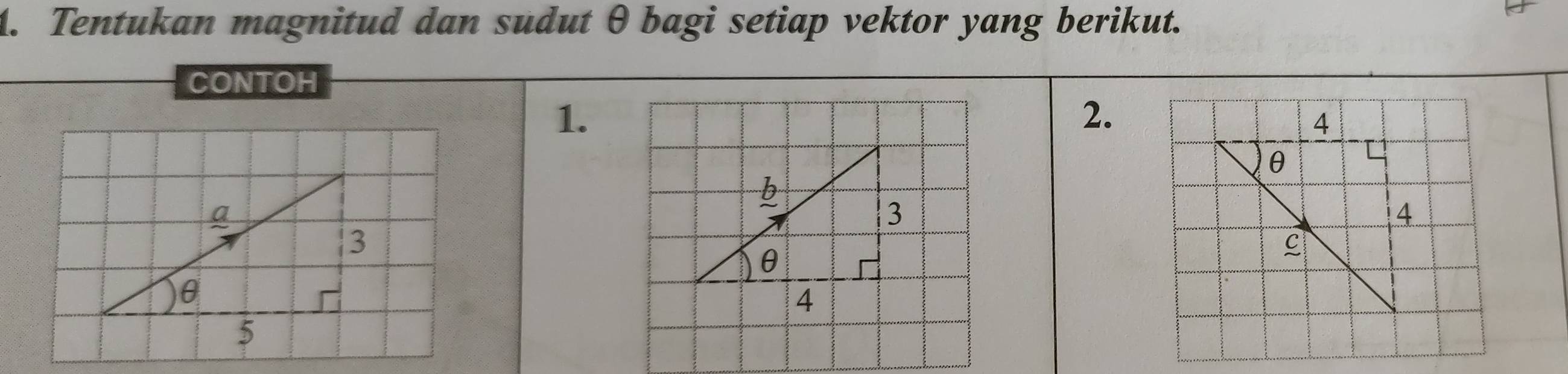 Tentukan magnitud dan sudut θ bagi setiap vektor yang berikut. 
CONTOH 
1. 
2.