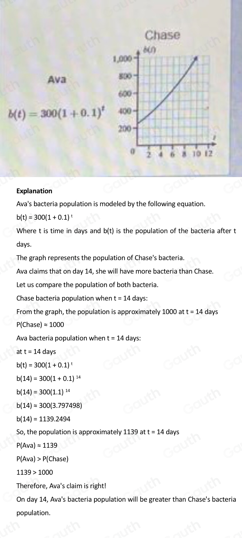 Solved: Ava's bacteria population is modeled by an equation. Chase ...