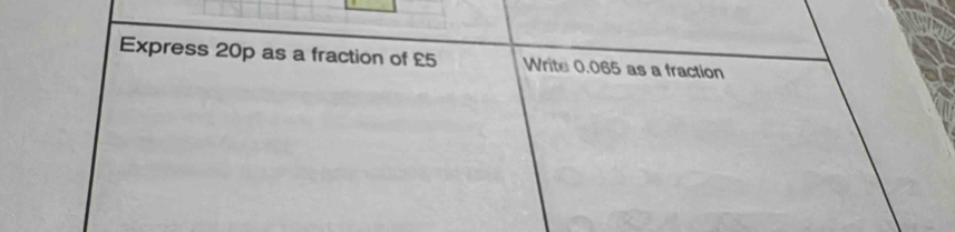 Express 20p as a fraction of £5 Write 0.065 as a fraction