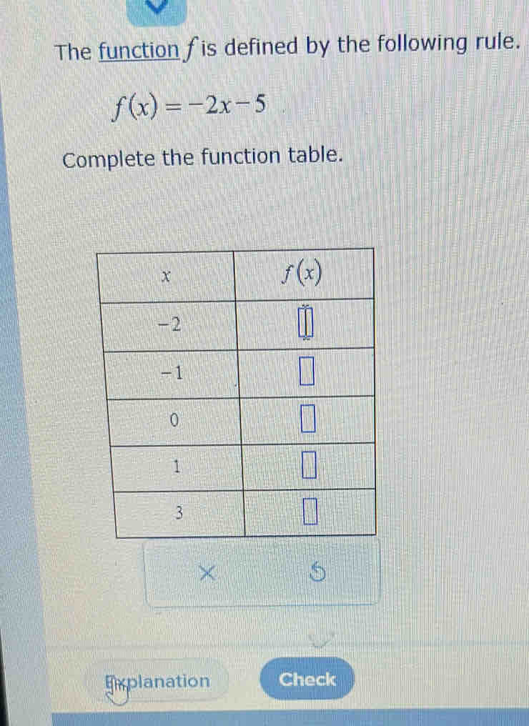 The function fis defined by the following rule.
f(x)=-2x-5
Complete the function table.
×
Explanation Check