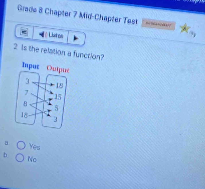 Grade 8 Chapter 7 Mid-Chapter Test ASSESSMENT
Listen
2 Is the relation a function?
a. Yes
b.
No