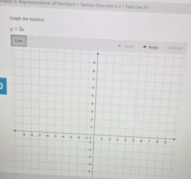 hapter 6: Representations of Functions > Section Exercises 6.2> Exercise 20 
Graph the function.
y=2x
Line