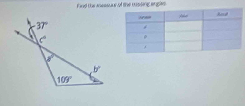 Find the measure of the mssing angles.