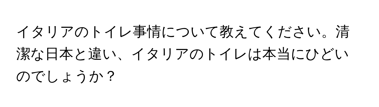 イタリアのトイレ事情について教えてください。清潔な日本と違い、イタリアのトイレは本当にひどいのでしょうか？