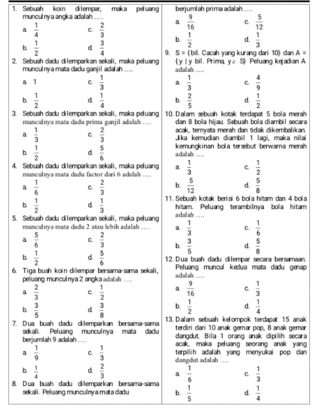 Sebuah koin dilempar, maka peluang berjumlah prima adalah …_
munculnya angka adalah_
2. 
3. h
a
.
i
 
4. 
a
5. 
.
6. 
7. k
r
a
g
 
8.