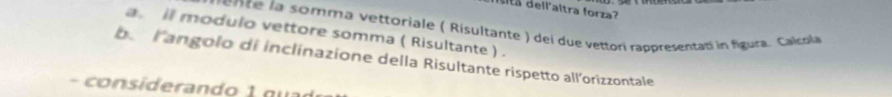 Isitá dell'altra forza? 
r ne la somma vettoriale ( Risultante ) dei due vettori rappresentati in figura. Caola 
a. il modulo vettore somma ( Risultante ) . 
be langolo di inclinazione della Risultante rispetto all’orizzontale 
ni an o 1 n