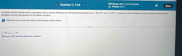 Question 7, 7.3.9 HW Score: 56%, 5.6 of 10 points 
Points: 0 of 1 Save 
A simple random sample from a population with a normal distribution of 100 body temperatures has overline x=98.30°F
deviation of body temperature of all healthy humans. and s=0.62°F F. Construct an 80% confidence interval estimate of the standard 
Click the icon to view the table of Chi-Square critical values.
□°F
(Round to two decimal places as needed.)