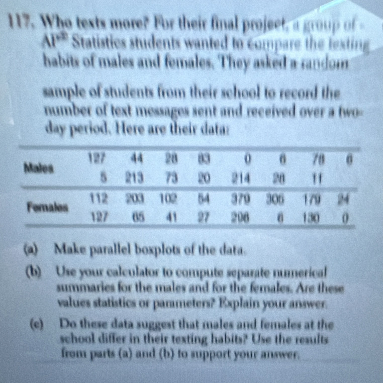 Who tests more? For their final projeet a
AP^(th) Statistics students wanted to compare the fexting 
habits of males and females. They asked a random 
sample of students from their school to record the 
number of text messages sent and received over a two-- 
day period. Here are their data: 
(a) Make parallel boxplots of the data. 
(b) Use your calculator to compute separate numerical 
summaries for the males and for the females. Are these 
values statistics or pammeters? Explain your answer. 
(e) Do these data suggest that males and females at the 
school differ in their texting habits? Use the results 
from parts (a) and (b) to support your answer.