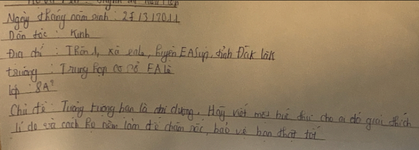 Ngong tkang nam oinh: 25 13 170 L1 
Dán foc runb 
tin chí: TRān i, xū ealo, Bugen EASun, fhinh Dak là 
tiwing: Tiang Fon Có Dǒ FAlò 
Lo 8A^9
Chi cfe Tuāng tiōng ban lù chi duing, Hay vot me buā dhu cho an dó guái thich 
li do sù cach Ro ném làm dè chán nóc, bāò vè ban that toi