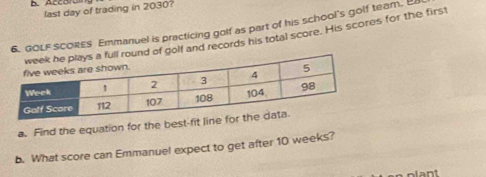 A Accarun 
last day of trading in 2030? 
6. GOLF SCORES Emmanuel is practicing golf as part of his school's golf team. 
of golf and records his total score. His scores for the firs 
a. Find the equation for the best- 
b. What score can Emmanuel expect to get after 10 weeks? 
plant