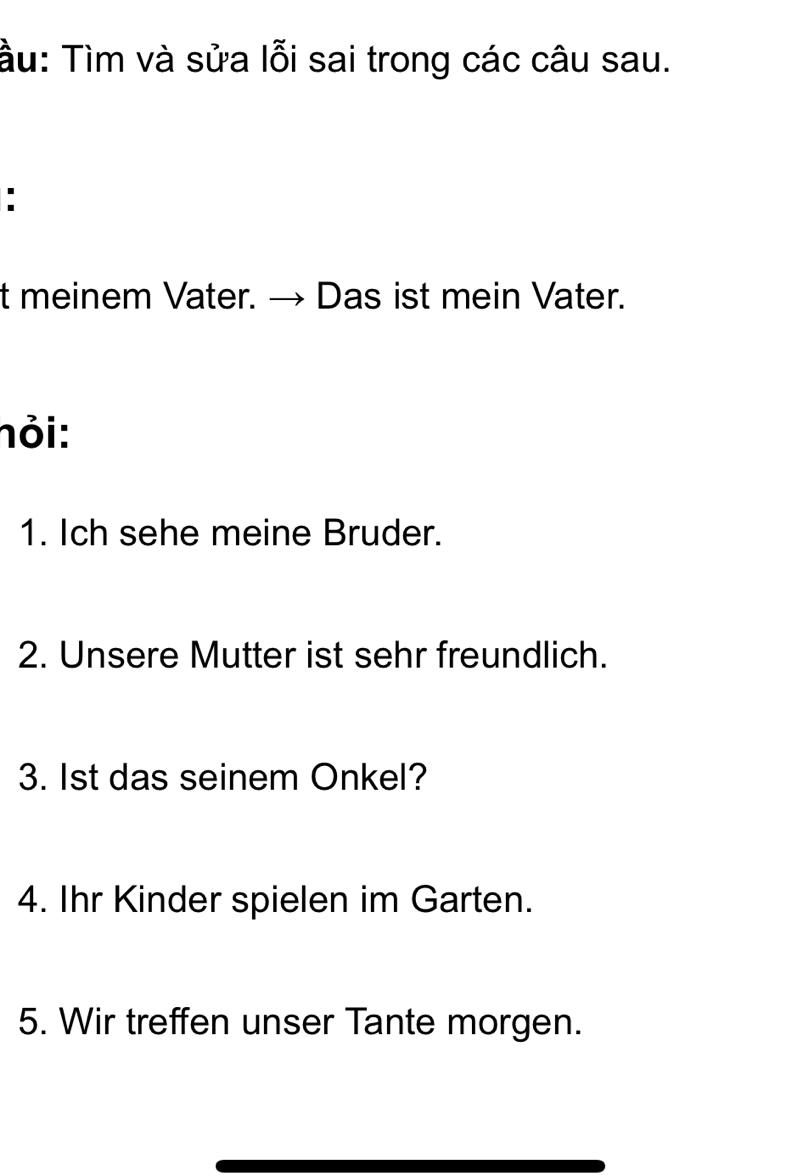 ầu: Tìm và sửa lỗi sai trong các câu sau. 
: 
t meinem Vater. → Das ist mein Vater. 
nỏi: 
1. Ich sehe meine Bruder. 
2. Unsere Mutter ist sehr freundlich. 
3. Ist das seinem Onkel? 
4. Ihr Kinder spielen im Garten. 
5. Wir treffen unser Tante morgen.