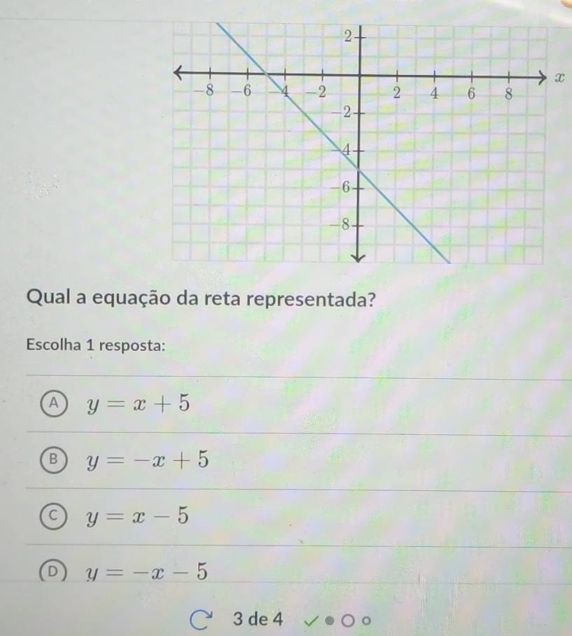 x
Qual a equação da reta representada?
Escolha 1 resposta:
A y=x+5
B y=-x+5
C y=x-5
D y=-x-5
3 de 4