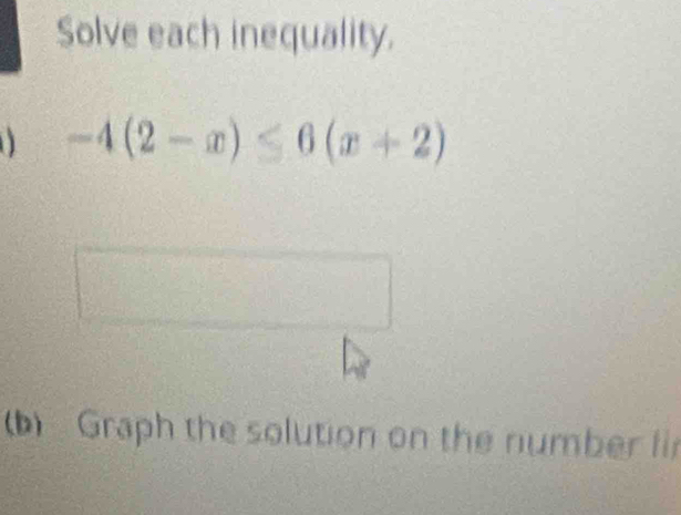 Solved: Solve each inequality. -4(2-x)≤ 6(x+2) (b) Graph the solution ...