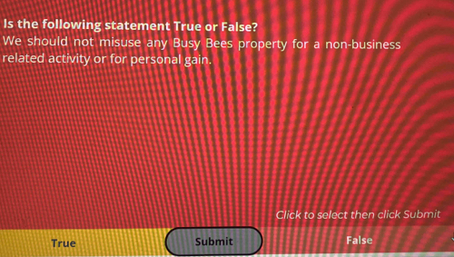 Is the following statement True or False?
We should not misuse any Busy Bees property for a non-business
related activity or for personal gain.
Click to select then click Submit
True Submit False