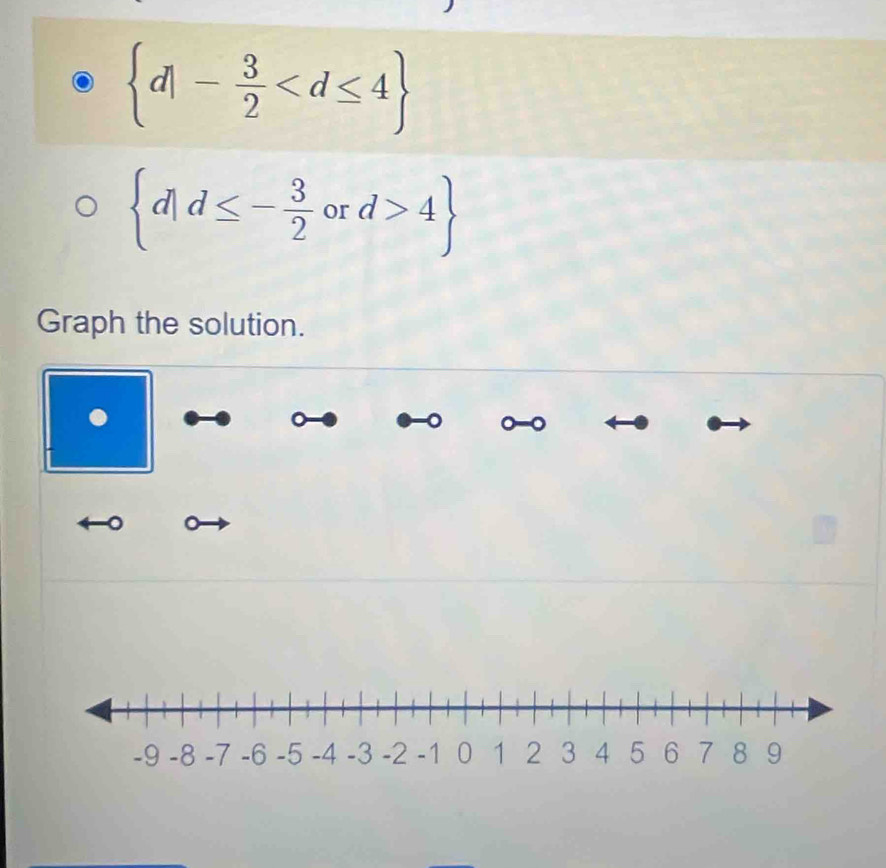  d|- 3/2 
 d|d≤ - 3/2 ord>4
Graph the solution. 
。 o 。 
。 。