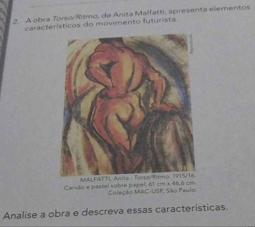 A obra Torso/Ritmo, de Anita Malfatti, apresenta elementos 
característicos do movimento futurista. 
MALF 
Carvão e pastel sobre papel, 61cm* 46,6cm. 
Coleção MAC-USP, São Paulo. 
Analise a obra e descreva essas características.