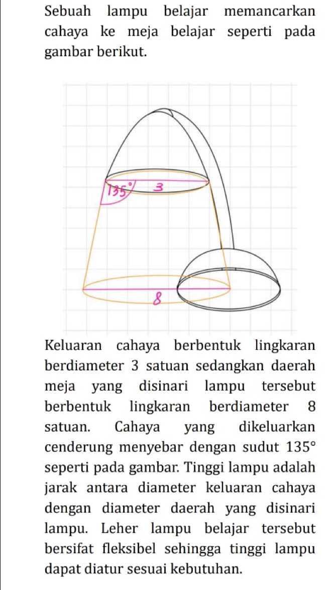 Sebuah lampu belajar memancarkan 
cahaya ke meja belajar seperti pada 
gambar berikut. 
Keluaran cahaya berbentuk lingkaran 
berdiameter 3 satuan sedangkan daerah 
meja yang disinari lampu tersebut 
berbentuk lingkaran berdiameter 8
satuan. Cahaya yang dikeluarkan 
cenderung menyebar dengan sudut 135°
seperti pada gambar. Tinggi lampu adalah 
jarak antara diameter keluaran cahaya 
dengan diameter daerah yang disinari 
lampu. Leher lampu belajar tersebut 
bersifat fleksibel sehingga tinggi lampu 
dapat diatur sesuai kebutuhan.