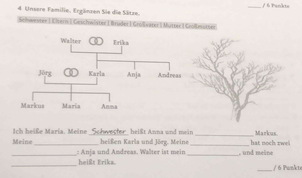 Punkte 
4 Unsere Familie. Ergänzen Sie die Sätze. 
Schwester | Eltern | Geschwister | Bruder | Großvater | Mutter | Großmutter 
Ich heiße Maria. Meine Schwester heißt Anna und mein _Markus. 
Meine _heißen Karla und Jörg. Meine _hat noch zwei 
_: Anja und Andreas. Walter ist mein _, und meine 
_ 
heißt Erika. 
_/ 6 Punkté