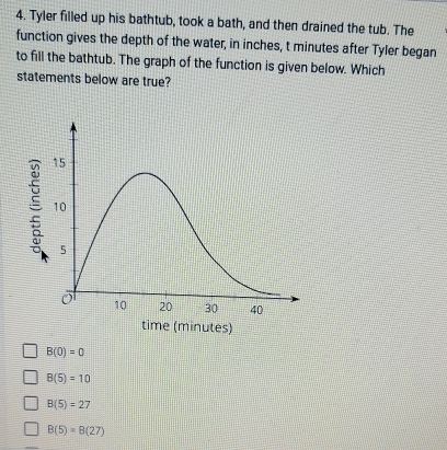 Tyler filled up his bathtub, took a bath, and then drained the tub. The
function gives the depth of the water, in inches, t minutes after Tyler began
to fill the bathtub. The graph of the function is given below. Which
statements below are true?
B(0)=0
B(5)=10
B(5)=27
B(5)=B(27)