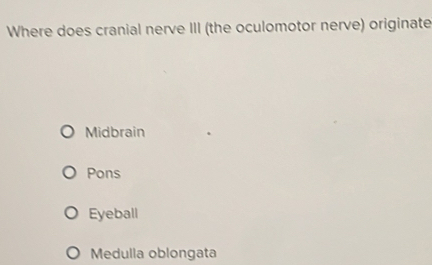 Where does cranial nerve III (the oculomotor nerve) originate
Midbrain
Pons
Eyeball
Medulla oblongata