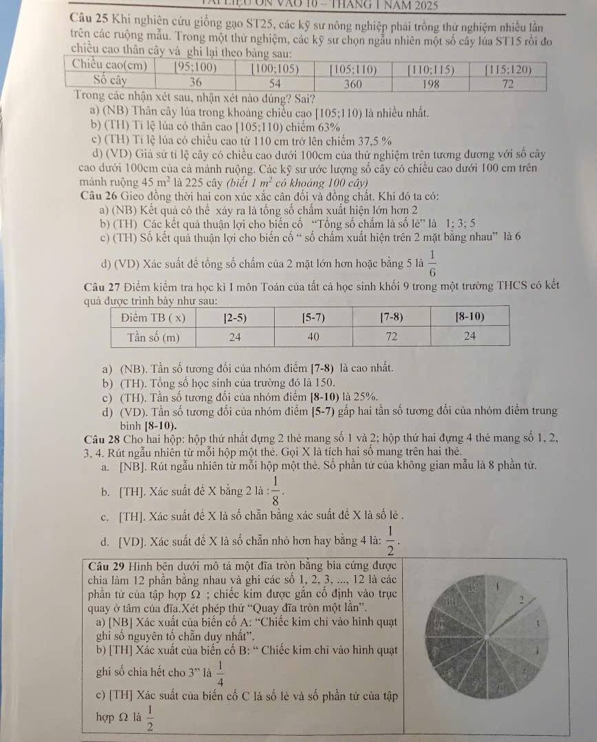 ệU ON VàO 10 - TháNG 1 NăM 2025
Câu 25 Khi nghiện cứu giống gạo ST25, các kỹ sư nông nghiệp phải trồng thứ nghiệm nhiều lần
trên các ruộng mẫu. Trong một thử nghiệm, các kỹ sư chọn ngẫu nhiên một số cây lúa ST15 rôi đo
chiều cao thân cây
a) (NB) Thân cây lúa trong khoảng chiều cao [105;110) là nhiều nhất.
b) (TH) Ti lệ lúa có thân cao [105;110) chiếm 63%
c) (TH) Tỉ lệ lúa có chiều cao từ 110 cm trở lên chiếm 37,5 %
d) (VD) Giả sử tỉ lệ cây có chiều cao dưới 100cm của thử nghiệm trên tương đương với số cây
cao dưới 100cm của cả mảnh ruộng. Các kỹ sư ước lượng số cây có chiều cao dưới 100 cm trên
mảnh ruộng 45m^2 là 225 cây (biết 1m^2 có khoảng 100 cây)
Câu 26 Gieo đồng thời hai con xúc xắc cân đối và đồng chất. Khi đó ta có:
a) (NB) Kết quả có thể xảy ra là tổng số chấm xuất hiện lớn hơn 2
b) (TH) Các kết quả thuận lợi cho biến cố “Tổng số chấm là số le'' là 1;3;5
c) (TH) Số kết quả thuận lợi cho biến cố “ số chấm xuất hiện trên 2 mặt bằng nhau” là 6
d) (VD) Xác suất để tổng số chấm của 2 mặt lớn hơn hoặc bằng 5 là  1/6 
Câu 27 Điểm kiểm tra học kì I môn Toán của tất cả học sinh khối 9 trong một trường THCS có kết
a) (NB). Tần số tương đối của nhóm điểm (7-8) là cao nhất.
b) (TH). Tổng số học sinh của trường đó là 150.
c) (TH). Tần số tương đối của nhóm điểm [8-10) là 25%.
d) (VD). Tần số tương đối của nhóm điểm |5-7) gấp hai tần số tương đối của nhóm diểm trung
binh [8-10).
Câu 28 Cho hai hộp: hộp thứ nhất đựng 2 thẻ mang số 1 và 2; hộp thứ hai đựng 4 thẻ mang số 1, 2,
3. 4. Rút ngẫu nhiên từ mỗi hộp một thẻ. Gọi X là tích hai số mang trên hai thẻ,
a. [NB]. Rút ngẫu nhiên từ mỗi hộp một thẻ. Số phần tử của không gian mẫu là 8 phần tử.
b. [TH]. Xác suất để X bằng 2 là : 1/8 .
c. [TH]. Xác suất đề X là số chẵn bằng xác suất đề X là số lẻ .
d. [VD]. Xác suất đế X là số chẵn nhỏ hơn hay bằng 4 là:  1/2 .
Câu 29 Hình bên dưới mô tả một đĩa tròn bằng bìa cứng được
chia làm 12 phần bằng nhau và ghi các số 1, 2, 3, ..., 12 là các
1
phân tử của tập hợp Ω ; chiếc kim được gắn cố định vào trục
2
quay ở tầm của đĩa.Xét phép thử “Quay đĩa tròn một lần”.
a) [NB] Xác xuất của biển cố A: “Chiếc kim chỉ vào hình quạt
ghi số nguyên tố chẵn duy nhất''.
b) [TH] Xác xuất của biến cố B: “ Chiếc kim chi vào hình quạt
ghi số chia hết cho 3'' là  1/4 
c) [TH] Xác suất của biến cố C là số lè và số phần tử của tập
hợp Ω là  1/2 