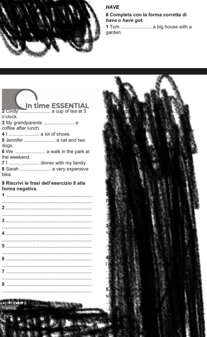 HAVE 
8 Completa con la forma corretta di 
have o have got. 
1 Tom _a big house with a 
garden. 
In time ESSENTIAL 
2 Cindy _a cup of tea at 5 
o'clock. 
3 My grandparents _a 
coffee after lunch. 
41 _a lot of shoes. 
5 Jennifer _a cat and two 
dogs. 
6 We _a walk in the park at 
the weekend. 
7 1 _dinner with my family. 
8 Sarah _a very expensive 
bike. 
9 Riscrivi le frasi dell'esercizio 8 alla 
forma negativa. 
_1 
_ 
_2 
_ 
_3 
_ 
3 
_4 
_ 
_5 
_ 
_6 
_ 
_7 
_ 
_8 
_ 
5 
si 
O B e C