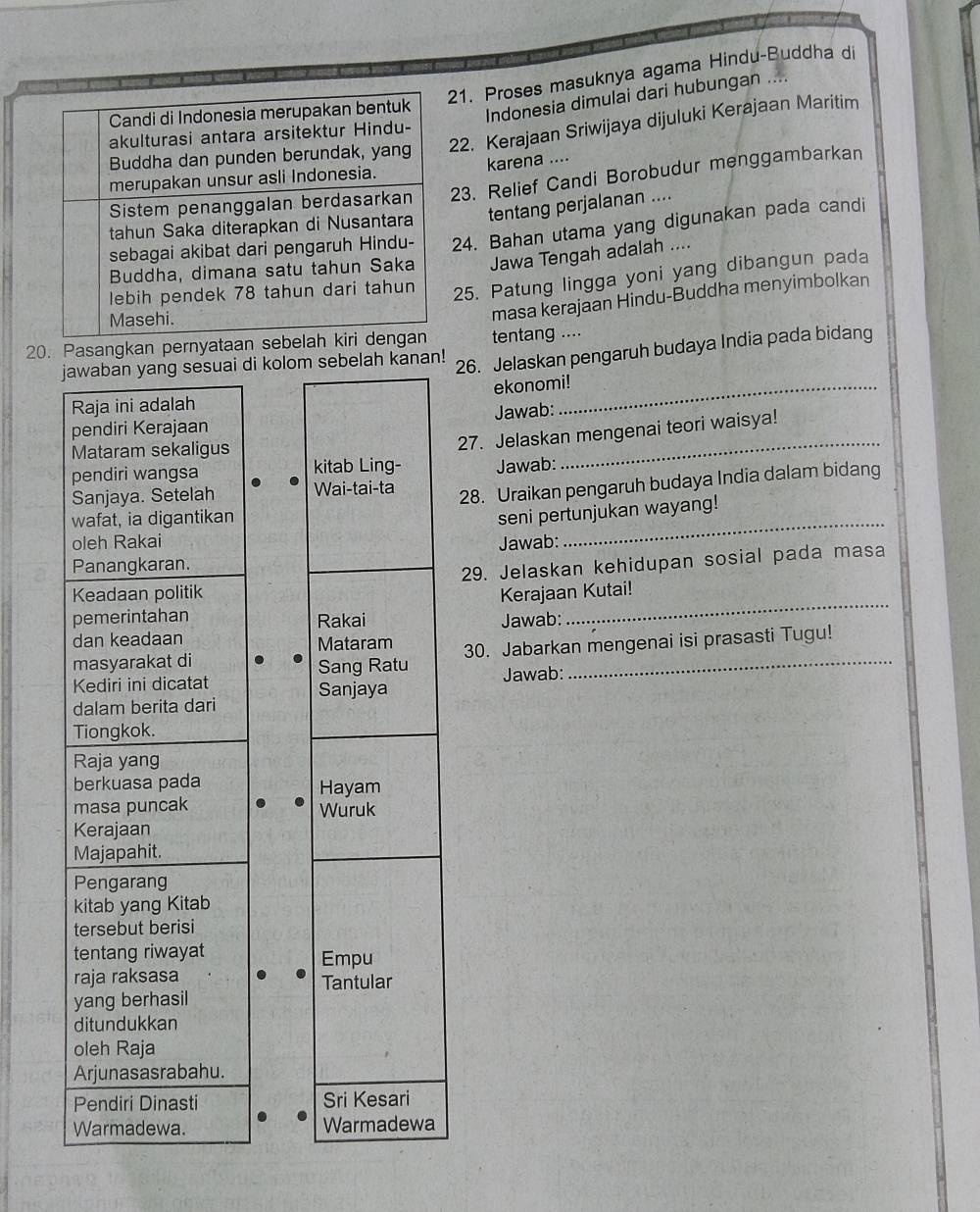 Proses masuknya agama Hindu-Buddha di 
Indonesia dimulai dari hubungan .... 
22. Kerajaan Sriwijaya dijuluki Kerajaan Maritim 
karena .... 
23. Relief Candi Borobudur menggambarkan 
tentang perjalanan .... 
24. Bahan utama yang digunakan pada candi 
Jawa Tengah adalah .... 
25. Patung lingga yoni yang dibangun pada 
masa kerajaan Hindu-Buddha menyimbolkan 
20. Pasangkan pernyataan seb tentang .... 
kanan! 26. Jelaskan pengaruh budaya India pada bidang 
ekonomi! 
Jawab: 
27. Jelaskan mengenai teori waisya! 
Jawab: 
28. Uraikan pengaruh budaya India dalam bidang 
_ 
seni pertunjukan wayang! 
Jawab: 
_ 
29. Jelaskan kehidupan sosial pada masa 
Kerajaan Kutai! 
Jawab: 
30. Jabarkan mengenai isi prasasti Tugu! 
Jawab:_