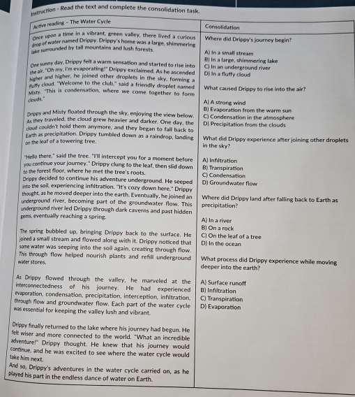 atruction - Read the text and complete the consolidation task. 
plets 
s 
s 
g 
w 
A 
in 
e 
thr 
wa 
Dri 
felt 
adv 
cont 
take 
And 
playethe endless dance of water on Earth.