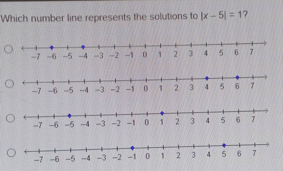 Which number line represents the solutions to |x-5|=1 ?