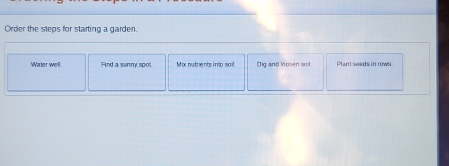 Order the steps for starting a garden. 
Water well Find a sunny spot. Mix nutrients i nto sail Dig and loosen soil Plant seeds in rows