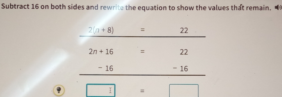 Subtract 16 on both sides and rewrite the equation to show the values that remain.
□ □  = =
10^2