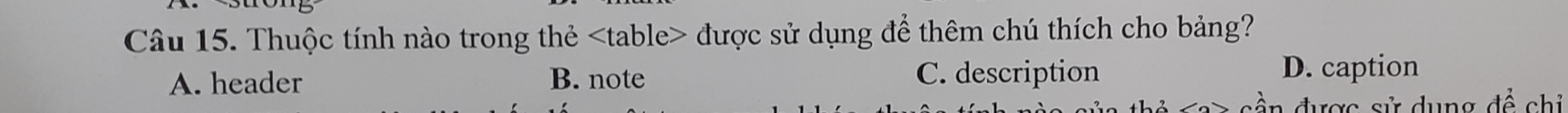Thuộc tính nào trong thẻ table được sử dụng để thêm chú thích cho bảng?
A. header B. note C. description
D. caption
được sử dung đề chỉ