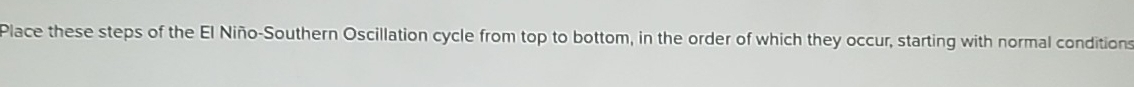 Place these steps of the El Niño-Southern Oscillation cycle from top to bottom, in the order of which they occur, starting with normal conditions
