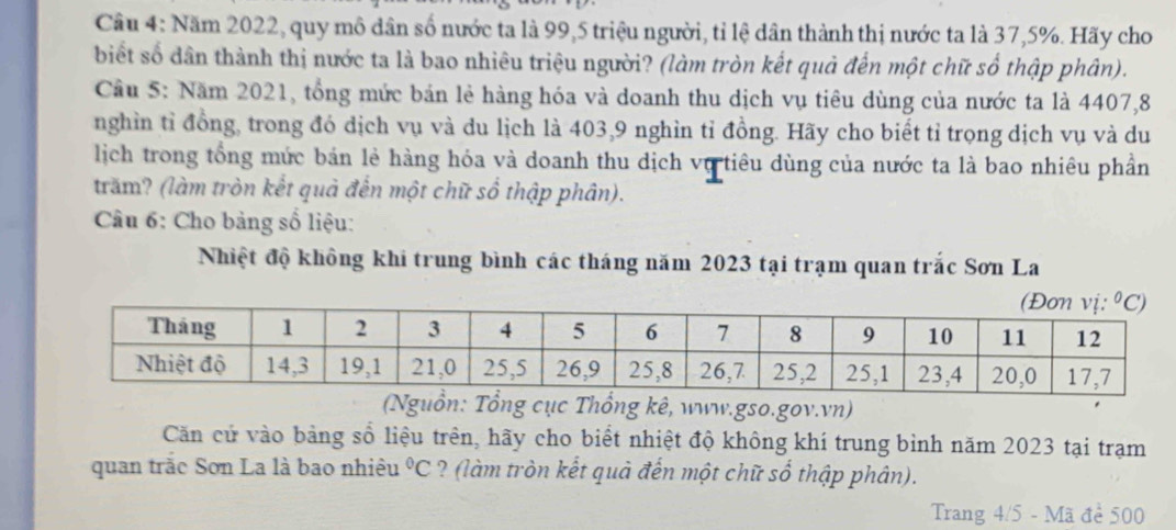 Năm 2022, quy mô dân số nước ta là 99,5 triệu người, tỉ lệ dân thành thị nước ta là 37,5%. Hãy cho
biết số dân thành thị nước ta là bao nhiêu triệu người? (làm tròn kết quả đến một chữ số thập phân).
Cầu 5: Năm 2021, tổng mức bán lẻ hàng hóa và doanh thu dịch vụ tiêu dùng của nước ta là 4407,8
nghìn tỉ đồng, trong đó dịch vụ và du lịch là 403,9 nghìn tỉ đồng. Hãy cho biết tỉ trọng dịch vụ và du
lịch trong tổng mức bản lẻ hàng hóa và doanh thu dịch vụ tiêu dùng của nước ta là bao nhiêu phần
trăm? (làm tròn kết quả đến một chữ số thập phân).
Câu 6: Cho bảng số liệu:
Nhiệt độ không khi trung bình các tháng năm 2023 tại trạm quan trắc Sơn La
c Thổng kê, www.gso.gov.vn)
Căn cử vào bảng số liệu trên, hãy cho biết nhiệt độ không khí trung bình năm 2023 tại trạm
quan trăc Sơn La là bao nhiêu°C ? (làm tròn kết quả đến một chữ số thập phân).
Trang 4/5 - Mã đề 500