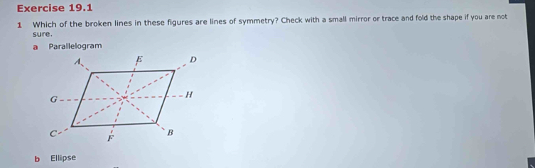 Which of the broken lines in these figures are lines of symmetry? Check with a small mirror or trace and fold the shape if you are not
sure.
a Parallelogram
b Ellipse