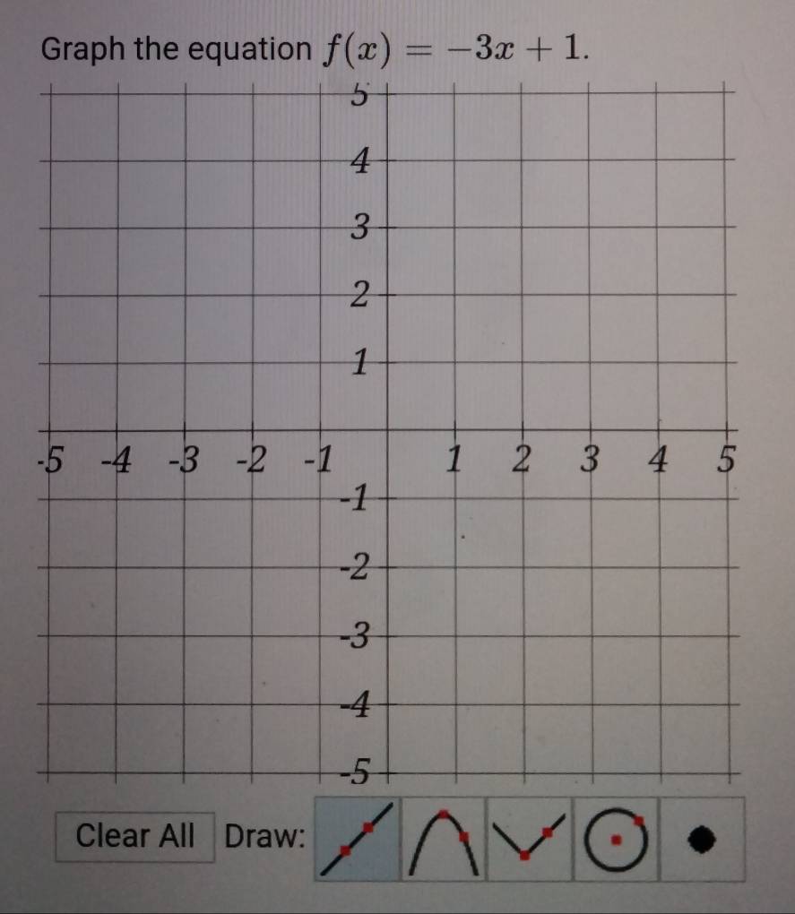 Graph the equation f(x)=-3x+1. 
- 
Clear All Draw: