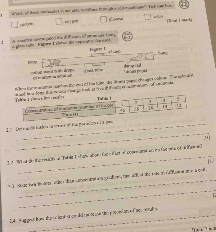 Which of these molecules is not able to diffuse through a cell membrane? Tick one box. 4-6
[Total I mark]
protein oxygen glucose water
6-7
2 A scientist investigated the diffusion of ammonia along Grade
a glass tube. Figure 1 shows the apparatus she used.
of ammonia solution
When the ammonia reaches the end of the tube, the litmus paper changes colour. The scientist
is colour change took at five different concentrations of ammonia.
_
2.1 Define diffusion in terms of the particles of a gas.
[3]
2.2 What do the results in Table 1 show about the effect of concentration on the rate of diffusion?
[1]
_
2.3 State two factors, other than concentration gradient, that affect the rate of diffusion into a cell.
2.4 Suggest how the scientist could increase the precision of her results.
Total 7 ma