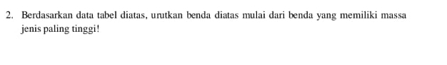 Berdasarkan data tabel diatas, urutkan benda diatas mulai dari benda yang memiliki massa 
jenis paling tinggi!