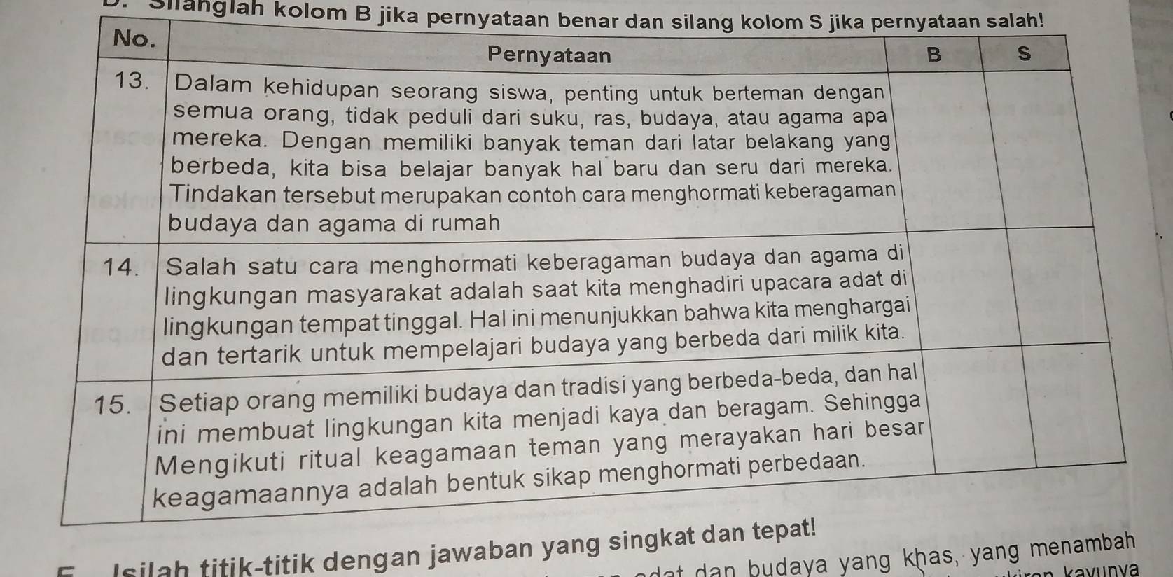 Silanglah kolom B jika pernyataan benar dan silang kolom S jika pernyataan salah! 
E Isilah titik-titik dengan jawaban 
dat dan budaya yang khas, yang m 
kavunya