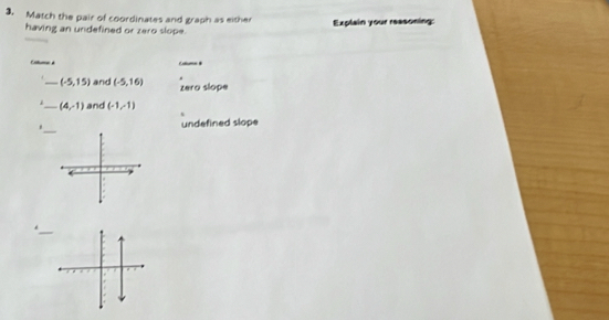 Match the pair of coordinates and graph as either Explain your reasoning:
having an undefined or zero slope.
Cotme à m .
_ (-5,15) and (-5,16) zero slope
_ (4,-1) and (-1,-1)
_
undefined slope
.