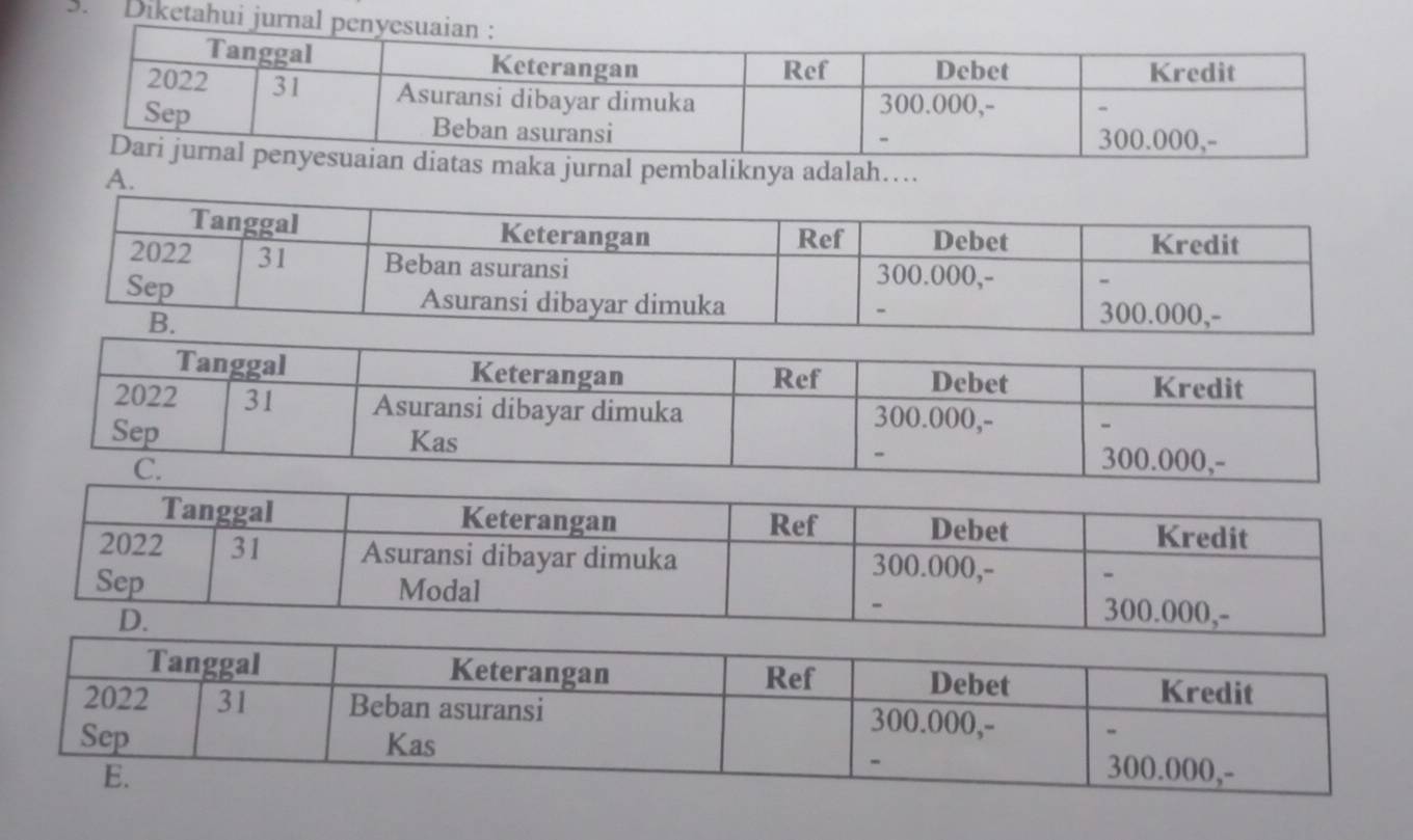 Diketahui 
diatas maka jurnal pembaliknya adalah…. 
A.