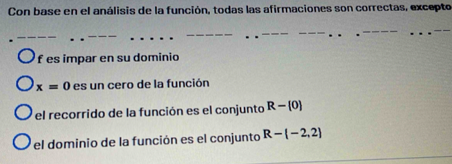 Con base en el análisis de la función, todas las afirmaciones son correctas, excepto
f es impar en su dominio
x=0 es un cero de la función
el recorrido de la función es el conjunto R- 0
el dominio de la función es el conjunto R- -2,2