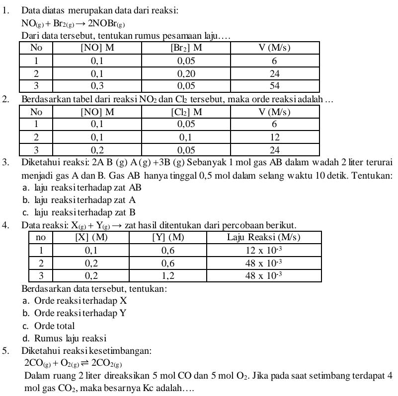 Data diatas merupakan data dari reaksi:
NO_(g)+Br_2(g)to 2NOBr_(g)
Dari data tersebut, tentukan rumus pesamaan laju..
2. Berdasarkan tabel dari reaksi N O_2 dan C½ tersebut, maka orde reaksi adalah …
3. Diketahui reaksi: 2A B (g) A(g)+3B (g) Sebanyak 1 mol gas AB dalam wadah 2 liter terurai
menjadi gas A dan B. Gas AB hanya tinggal 0,5 mol dalam selang waktu 10 detik. Tentukan:
a. laju reaks i terhadap zat AB
b. laju reaksi terhadap zat A
c. laju reaksiterhadap zat B
4. Data reaksi: X_(g)+Y_(g) → zat hasil ditentukan dari percobaan berikut.
Berdasarkan data tersebut, tentukan:
a. Orde reaksi terhadap X
b. Orde reaksi terhadap Y
c. Orde total
d. Rumus laju reaksi
5. Diketahui reaksikesetimbangan:
2CO_(g)+O_2(g)leftharpoons 2CO_2(g)
Dalam ruang 2 liter direaksikan 5 mol CO dan 5 mol O_2. Jika pada saat setimbang terdapat 4
mol gas CO_2 , maka besarnya Kc adalah….