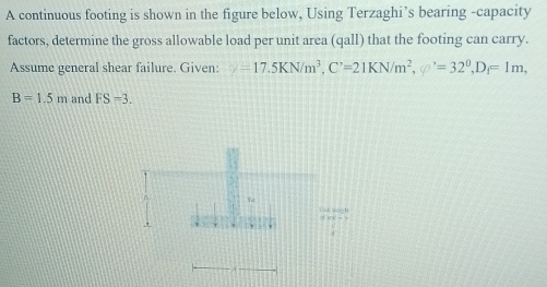 A continuous footing is shown in the figure below, Using Terzaghi’s bearing -capacity 
factors, determine the gross allowable load per unit area (qall) that the footing can carry. 
Assume general shear failure. Given: y=17.5KN/m^3, C^,=21KN/m^2, y^,=32^0, D_f=1m,
B=1.5m and FS=3.